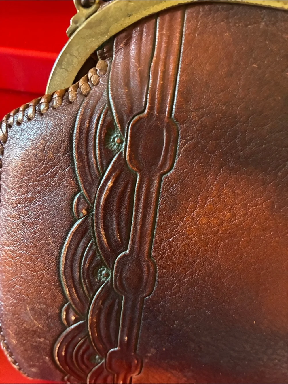 Meeker Made Brown Tooled Leather Vintage-Style 1920’s Art Nouveau Women Handbag